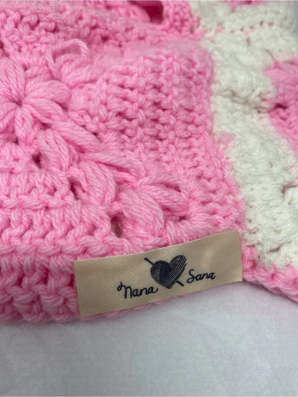 Handmade Crochet Knit Granny Square Balaclava Hood Scarf Floral Pink & White
